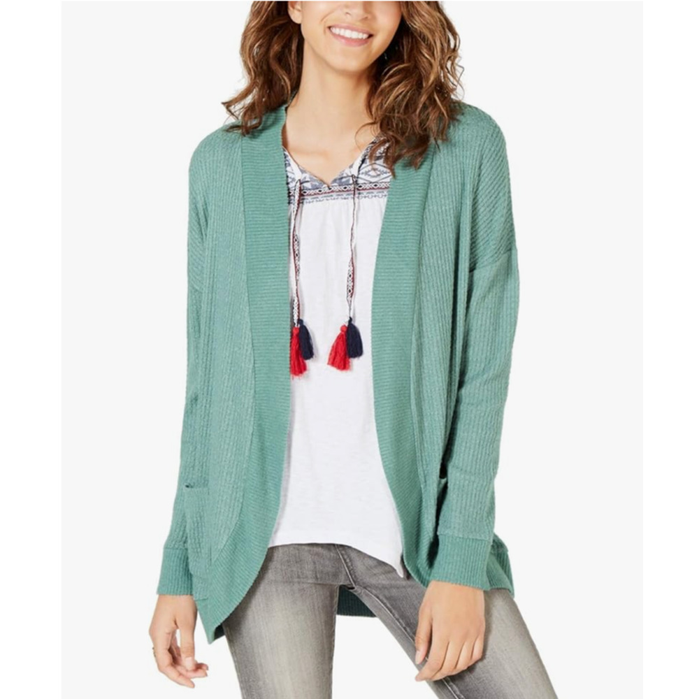 Hippie Rose Womens Small Waffle‎ Knit Open Front Cardigan Sweater Dusty Jade New